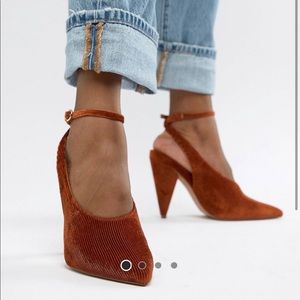 ASOS corduroy heel with ankle strap & pointed toe